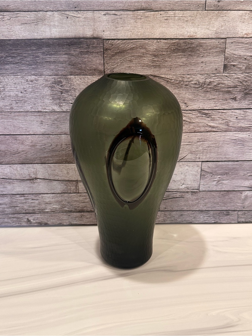 Modern Avocado Green Glass Floor Vase Large 13 Inch Dimpled Teardrop Unbranded